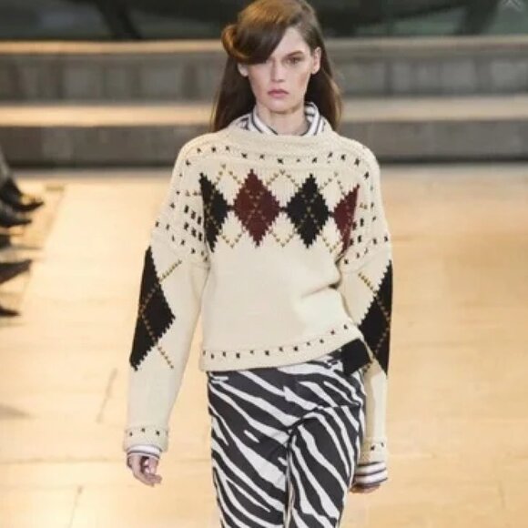 Isabel Marant Glens Argyle Pattern Wool Knit Sweater Dropped Shoulder Ecru Sz 34 - Picture 1 of 12